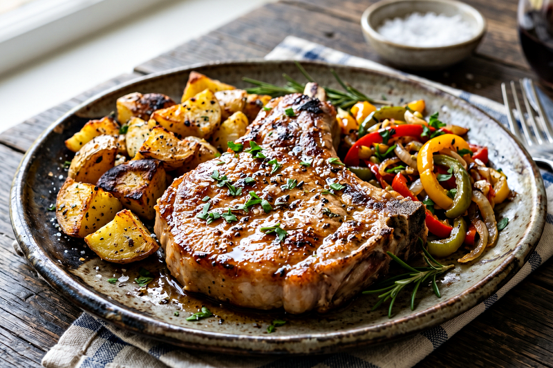 chuleton de cerdo con su guarnicion para disfrutar