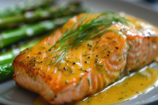 salmón con costra de miel y mostaza