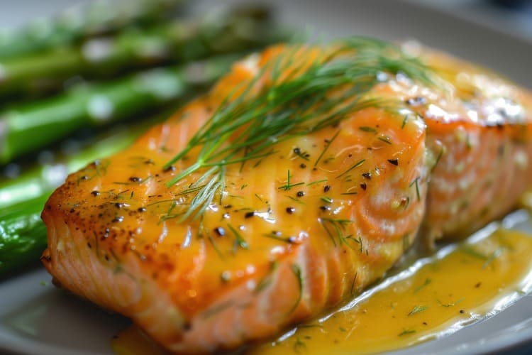 salmón con costra de miel y mostaza